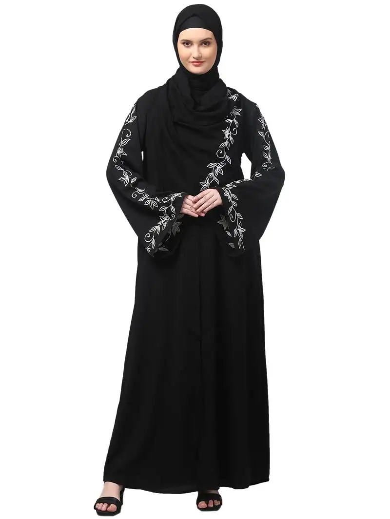 Sleeve and hijab leaf embroidered front open abaya