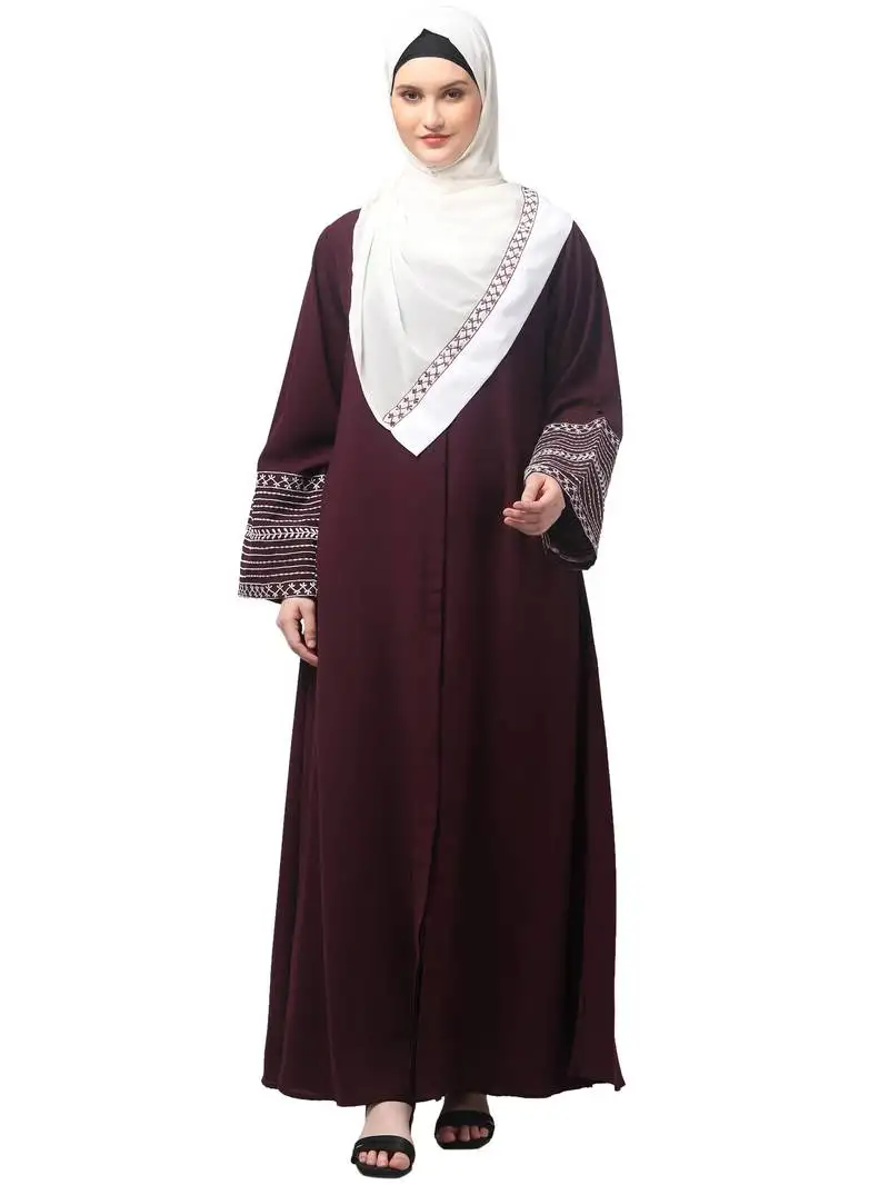 Sleeves and hijab flowers and lines embroidry front open abaya