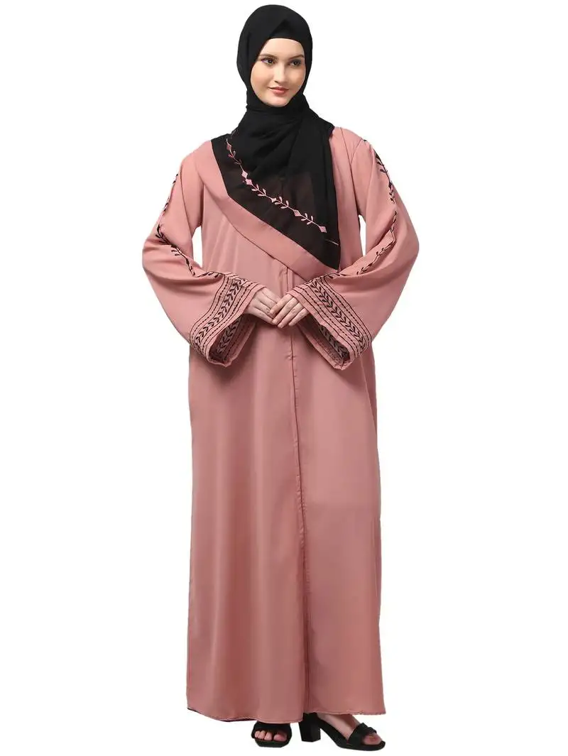 Sleeve and contrast hijab embroidered front open abaya