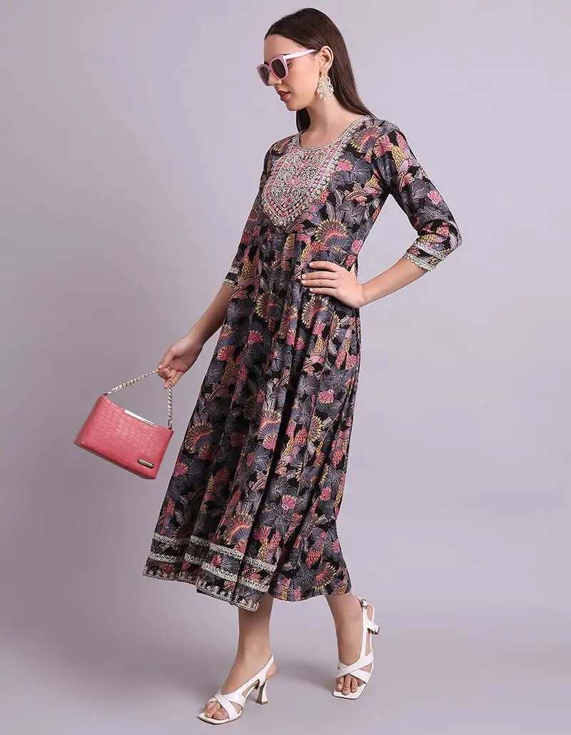 Black cotton floral printed & embroidery work anarkali dress