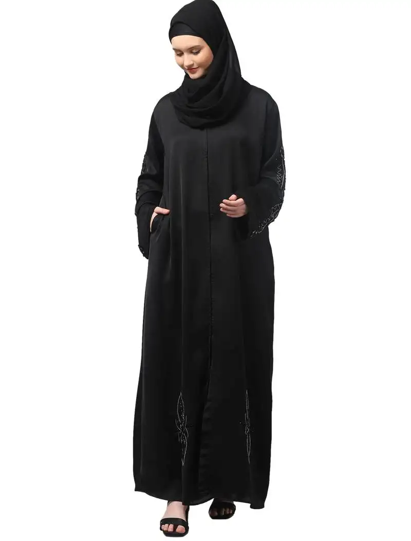 Sleeves ,black and bottom hand embroidered front open abaya with hijab