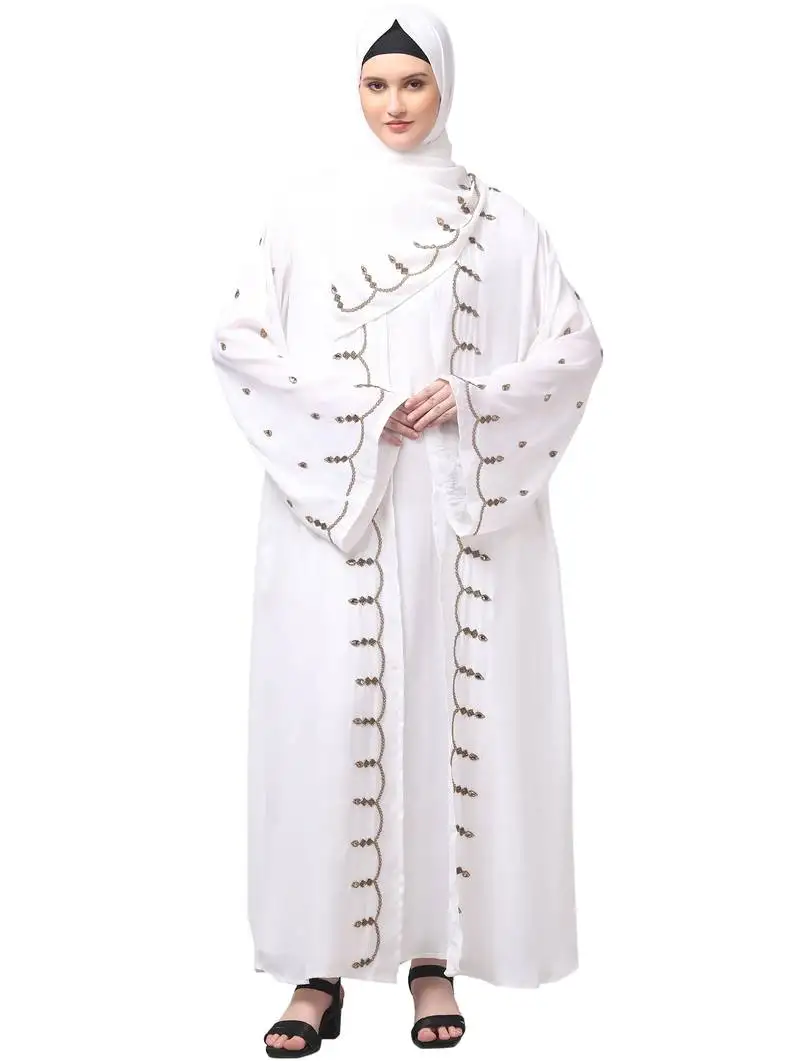 Both front shoulder to bottom , sleeves and hijab stone hand embroidered with inner cardigan style abaya with hijab