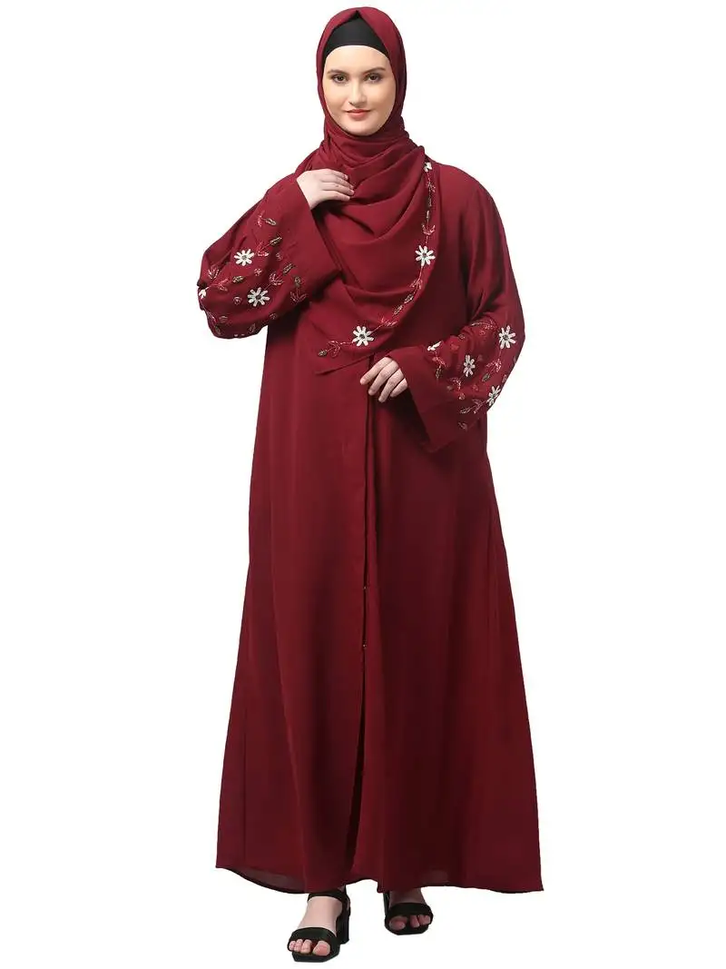 Sleeves hand embrodery front open dubai style abaya with embroidered nida hijab