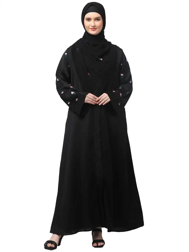 Sleeves and hijab thread embrodery front open abaya
