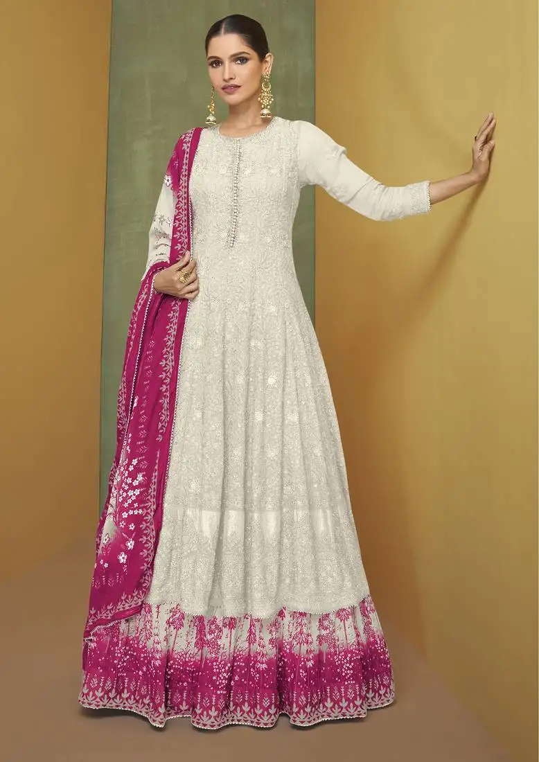 Grey embroidered ,sequins & digital print work georgette anarkali lehenga - free size stitching (size upto 42") stitched