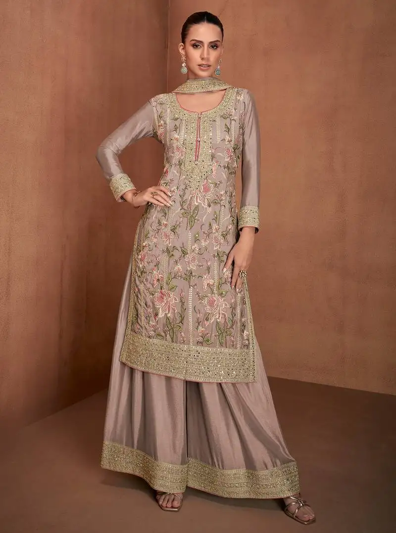 Rose gold embroidery & sequins work chinnon palazzo straight - free size stitching (size upto 42") stitched