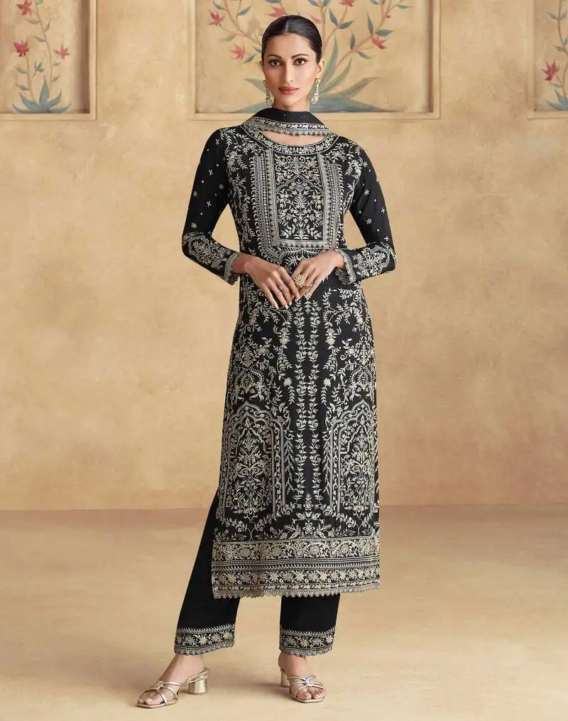 Black embroidery & sequins work chinnon palazzo straight - free size stitching (size upto 42") stitched