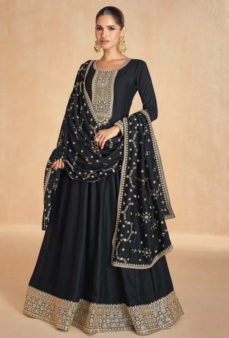 Black embroidery & sequins work premium silk gown pant - free size stitching (size upto 42") stitched