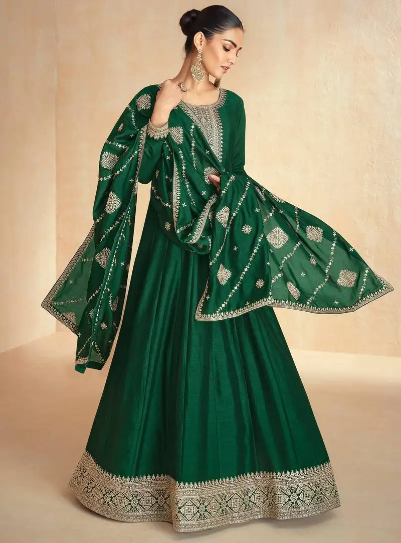 Green embroidery & sequins work premium silk gown pant - free size stitching (size upto 42") stitched