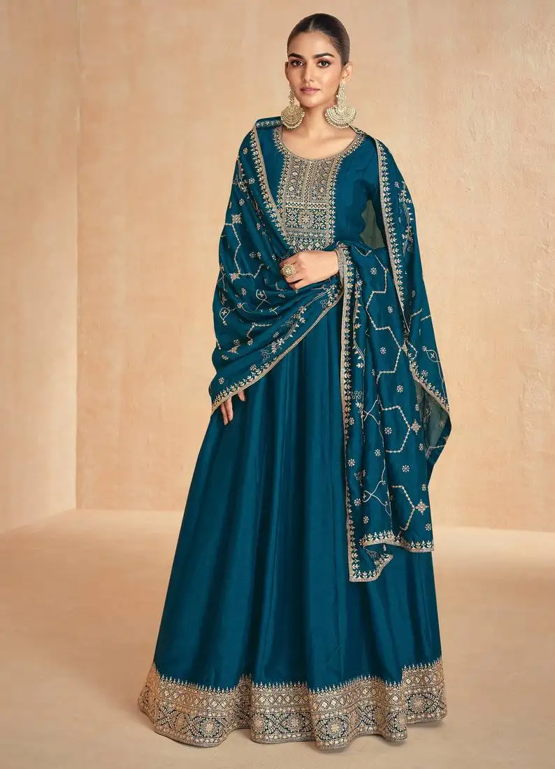 Teal blue embroidery & sequins work premium silk gown pant - free size stitching (size upto 42") stitched