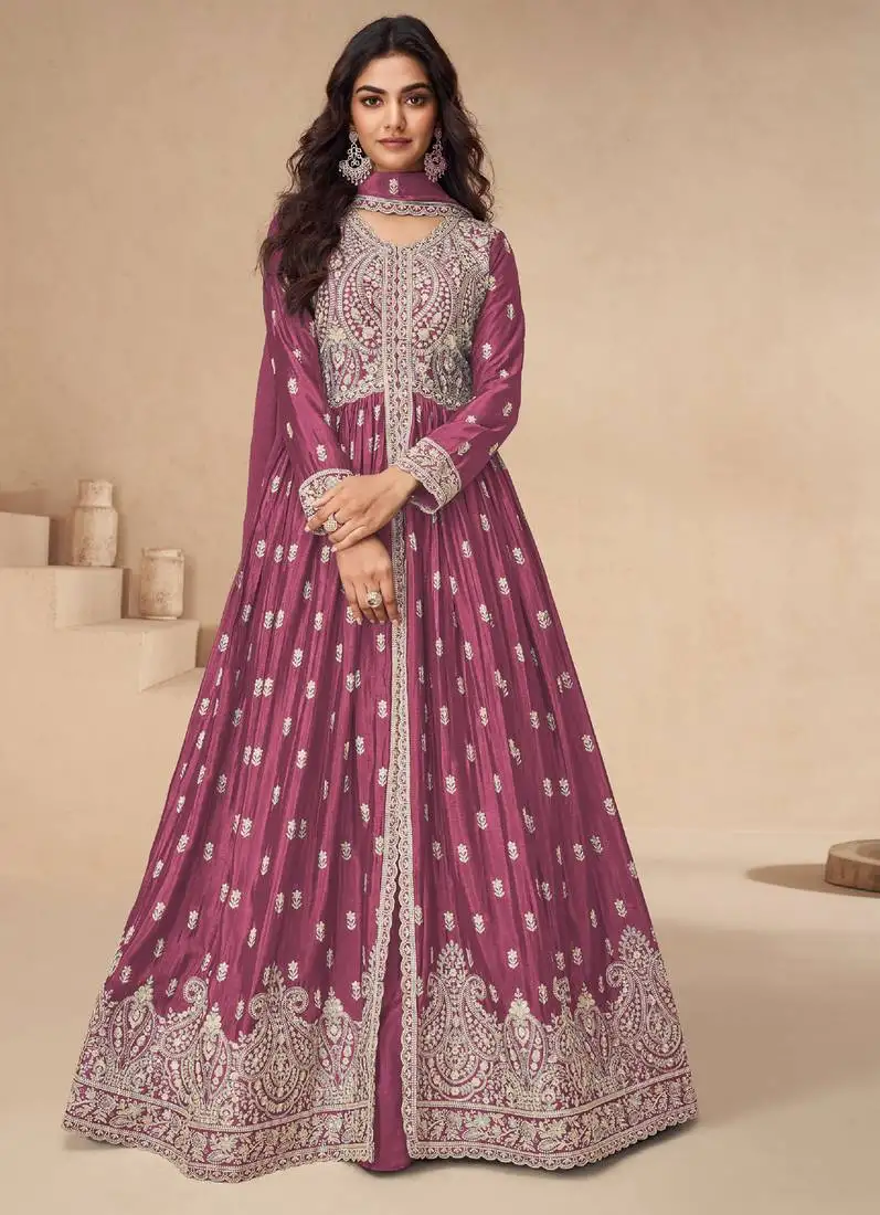 Pink embroidery & sequins work chinnon silk anarkali pant - free size stitching (size upto 42") stitched