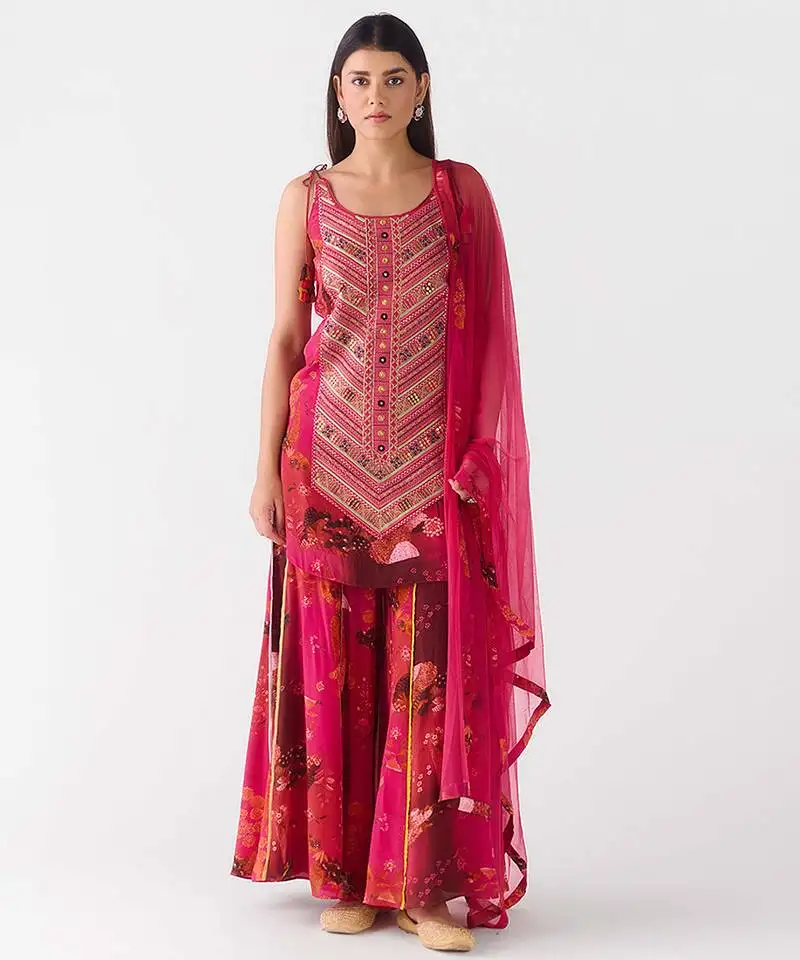 Pink embroidered crepe sharara