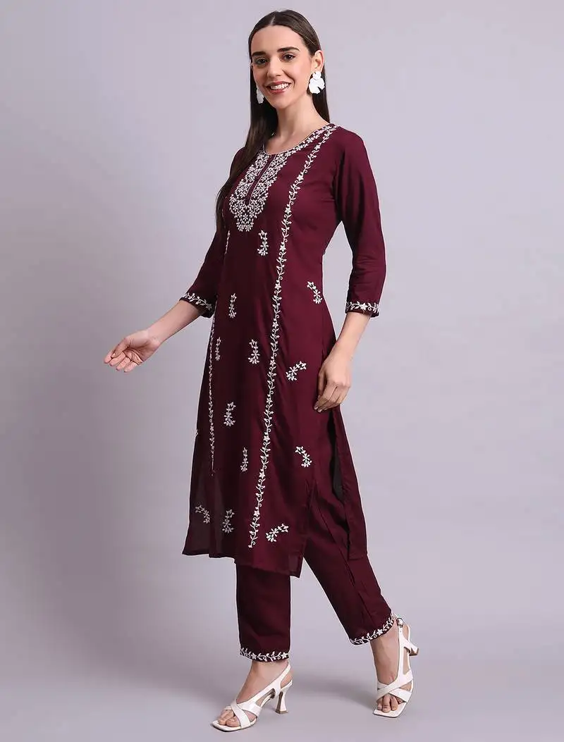 Purple cotton & embroidery work kurta with trousers set