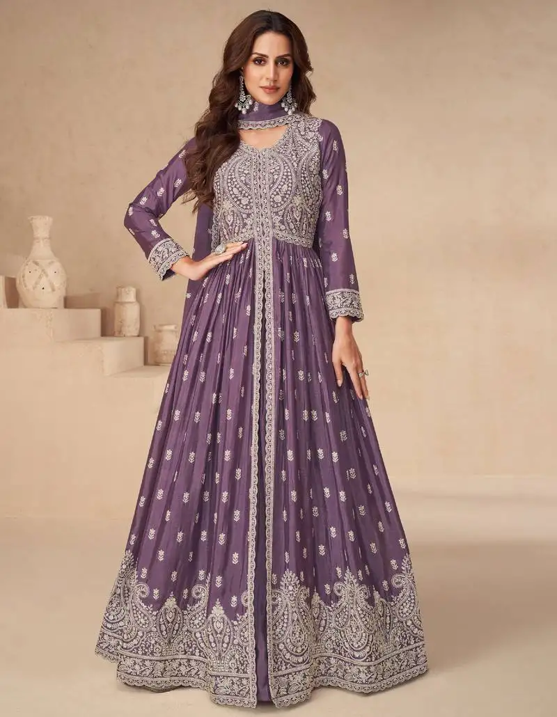 Purple embroidery & sequins work chinnon silk anarkali pant - free size stitching (size upto 42") stitched