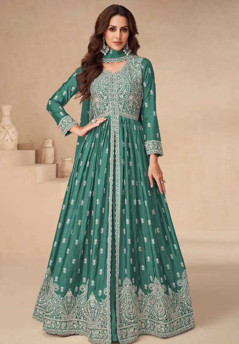 Green embroidery & sequins work chinnon silk anarkali pant - free size stitching (size upto 42") stitched
