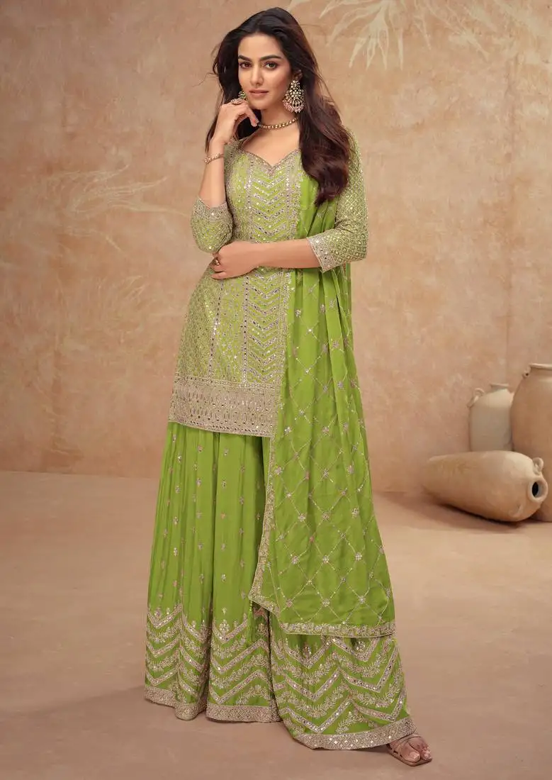Lime green embroidery & sequins work chinnon silk straight palazzo - free size stitching (size upto 42") stitched