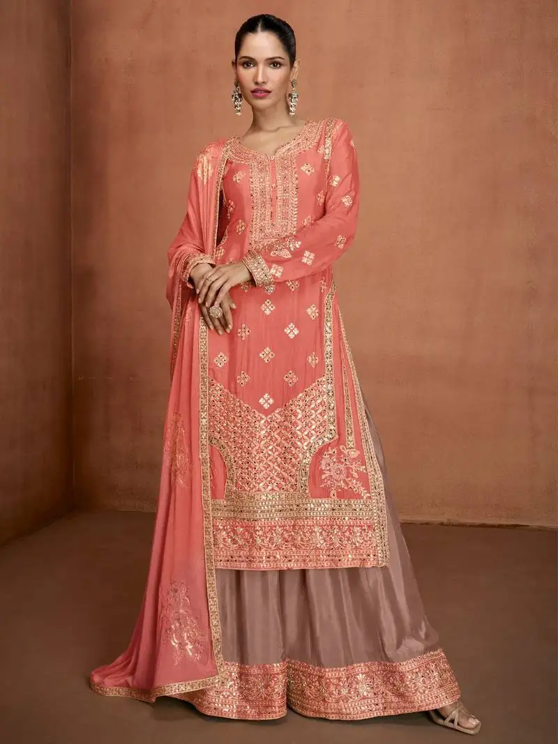 Peach embroidery & sequins work chinnon silk straight palazzo - free size stitching (size upto 42") stitched