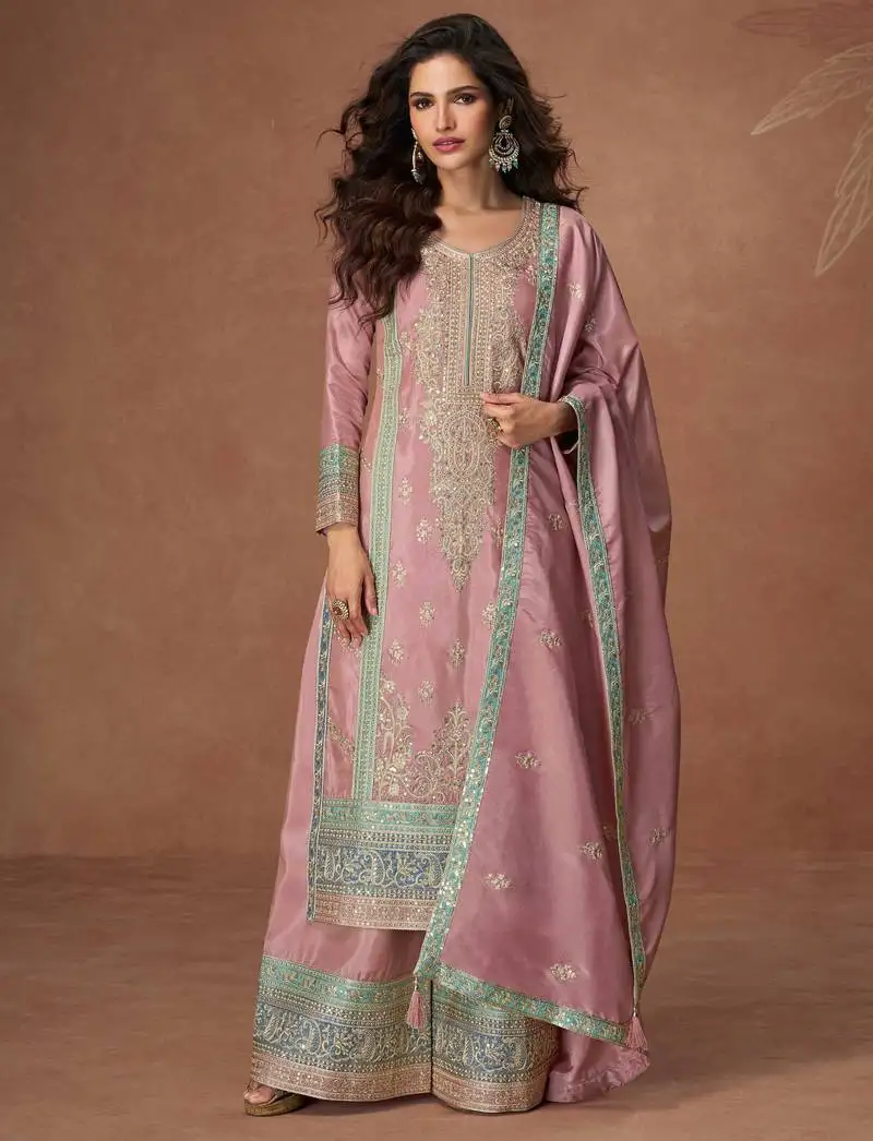 Lilac embroidery & sequins work chinnon silk straight palazzo - free size stitching (size upto 42") stitched
