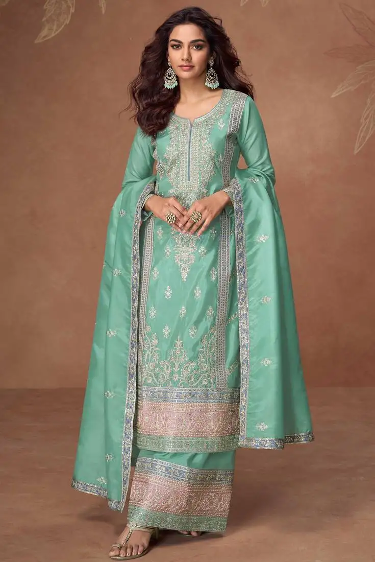 Turquoise embroidery & sequins work chinnon silk straight palazzo - free size stitching (size upto 42") stitched