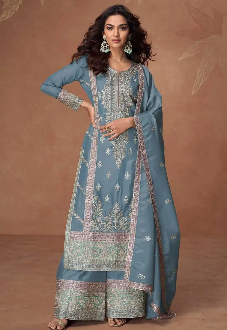 Blue embroidery & sequins work chinnon silk straight palazzo - free size stitching (size upto 42") stitched
