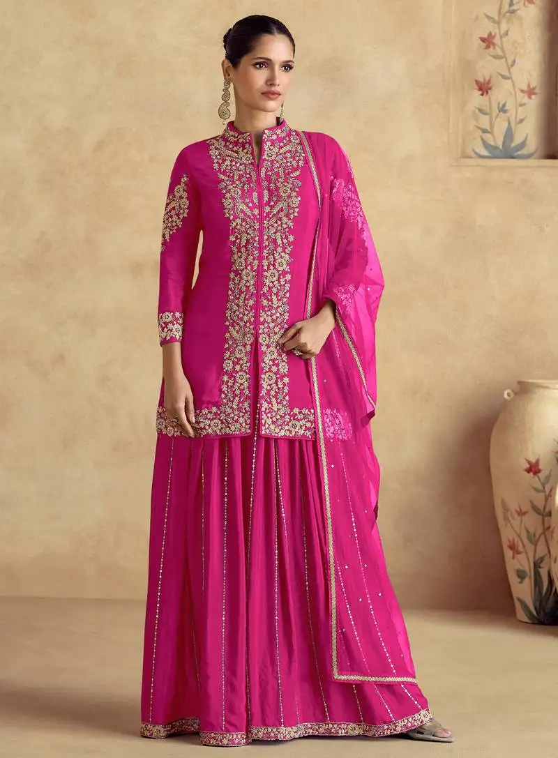 Pink embroidery & sequins work chinnon silk straight palazzo - free size stitching (size upto 42") stitched