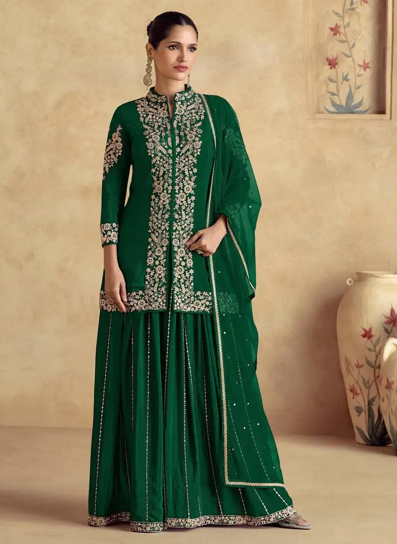Green embroidery & sequins work simar silk straight palazzo - free size stitching (size upto 42") stitched