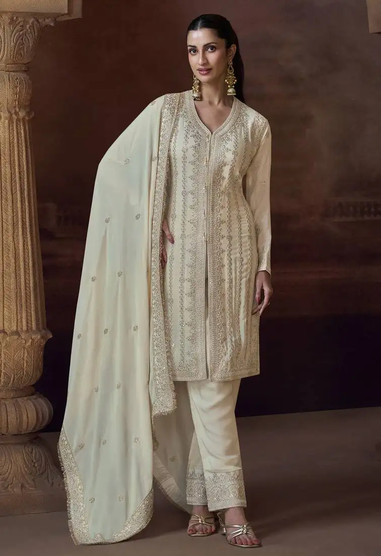 Beige embroidery & sequins work chinnon silk straight palazzo - free size stitching (size upto 42") stitched