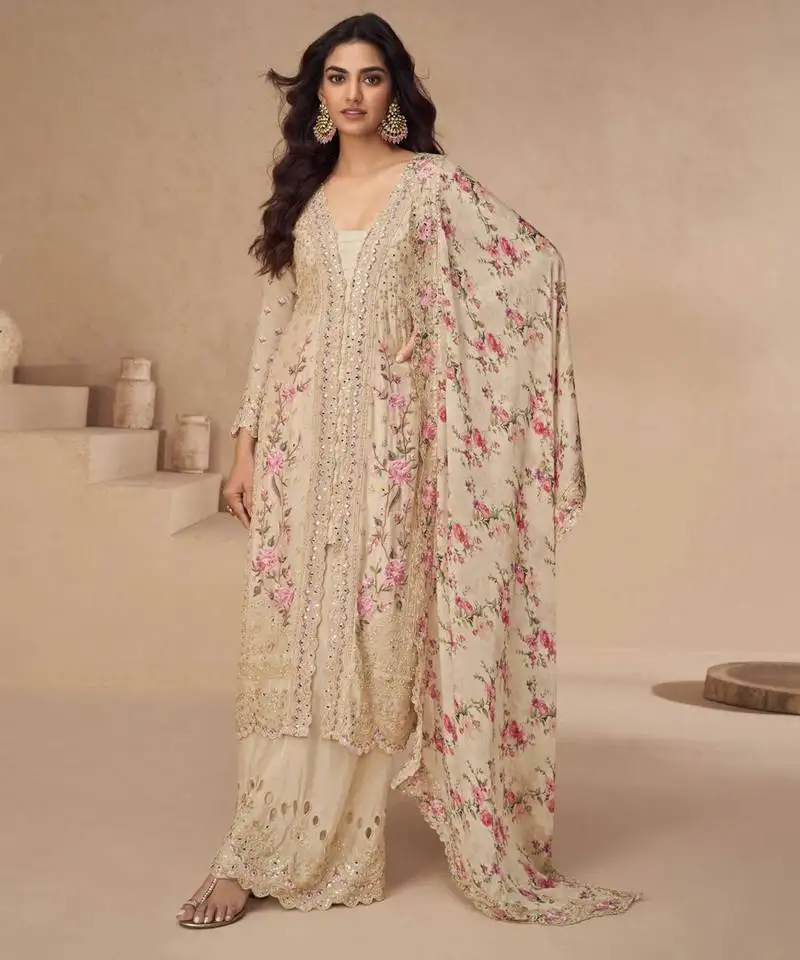 Beige embroidery & sequins work chinnon silk anarkali palazzo - free size stitching (size upto 42") stitched