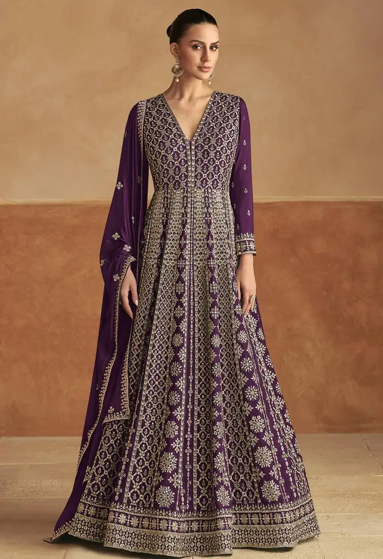 Purple embroidery & sequins work chinon gown - free size stitching (size upto 42") stitched