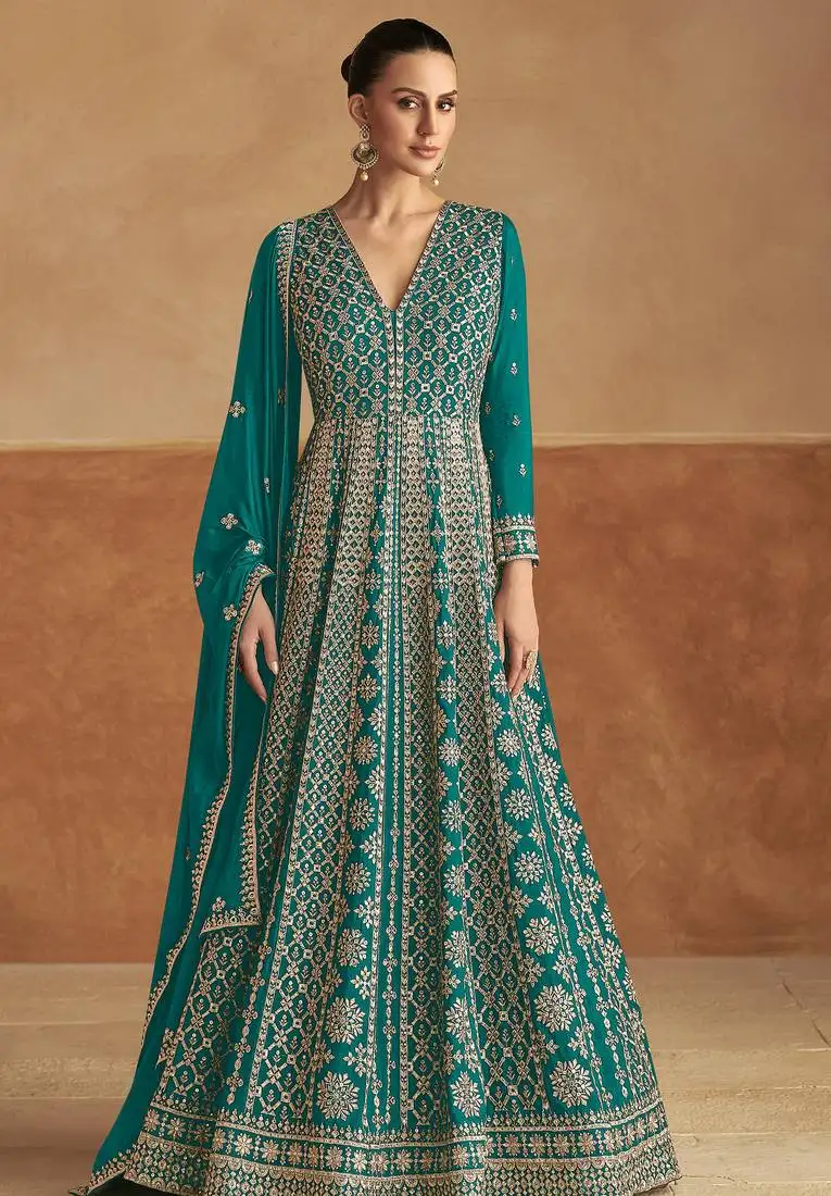 Blue embroidery & sequins work chinon gown - free size stitching (size upto 42") stitched
