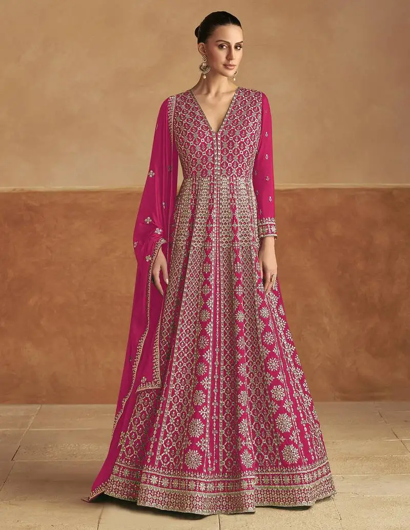 Pink embroidery & sequins work chinon gown - free size stitching (size upto 42") stitched