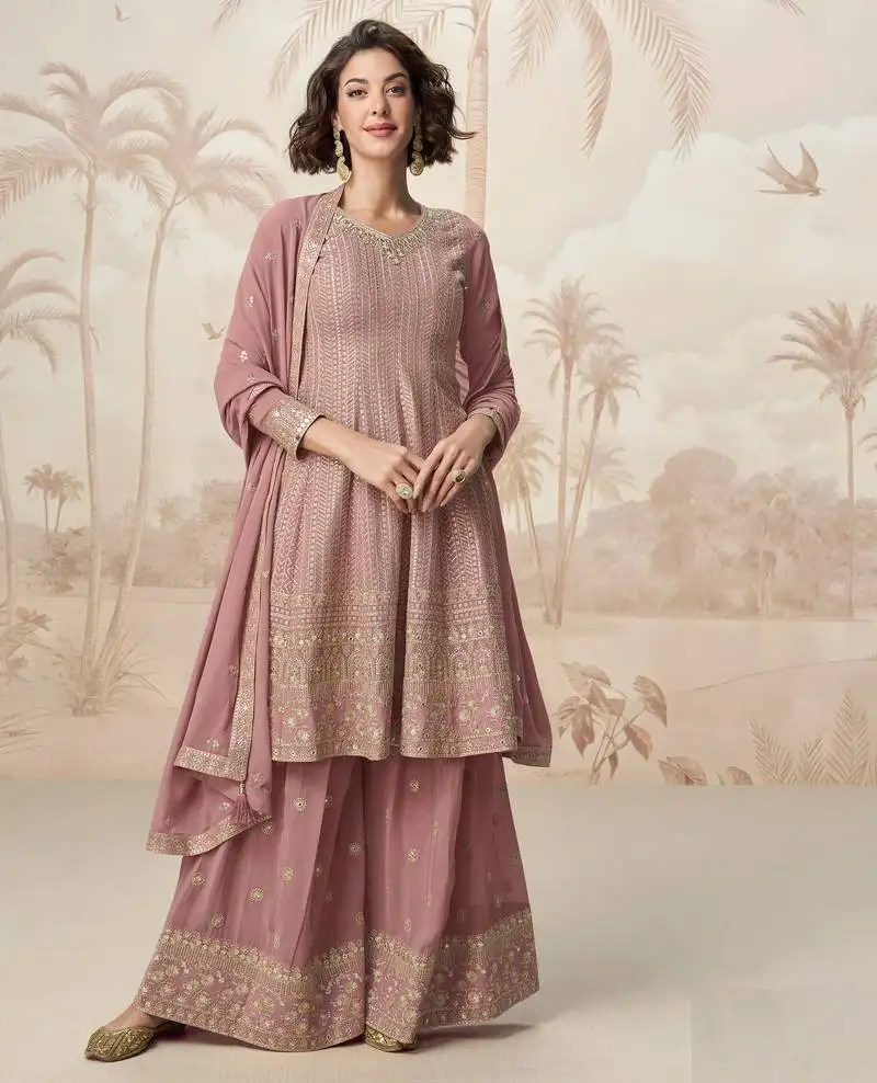 Mauve zari embroidery , sequins & gota work chinon georgette anarkali palazzo - free size stitching (size upto 42") stitched