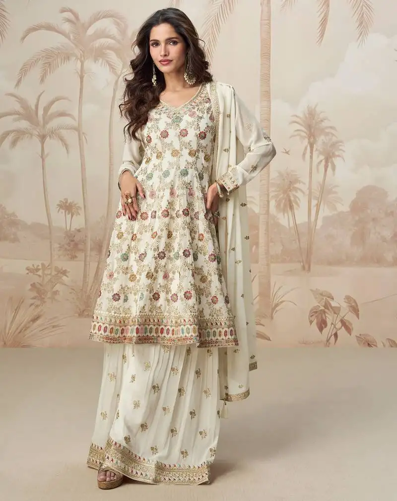 Off white zari embroidery sequins gota work chinon georgette anarkali palazzo - free size stitching (size upto 42") stitched