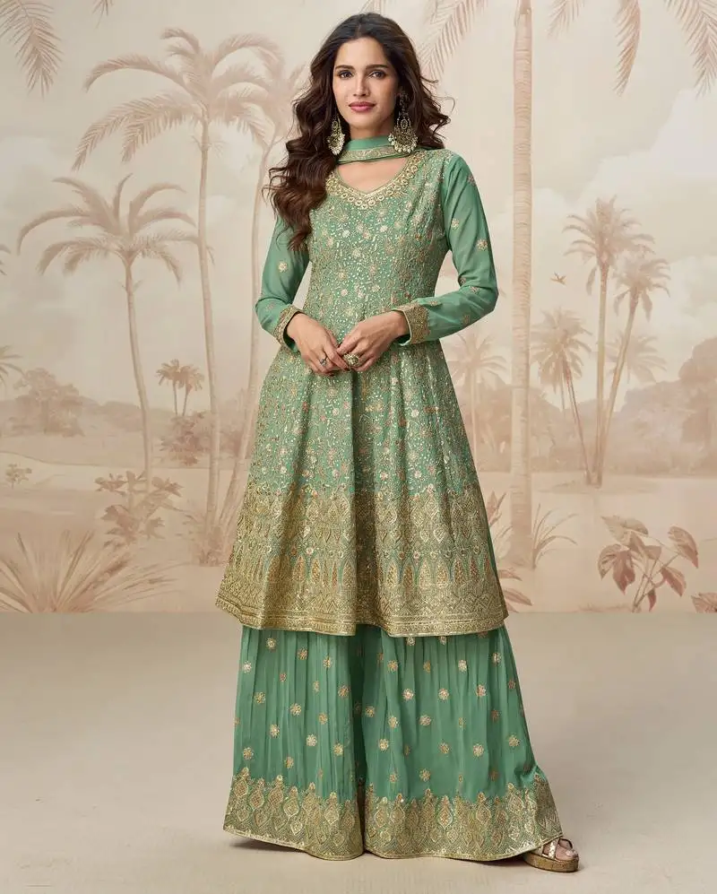Sea green zari embroidery , sequins & gota work chinon georgette anarkali palazzo - free size stitching (size upto 42") stitched