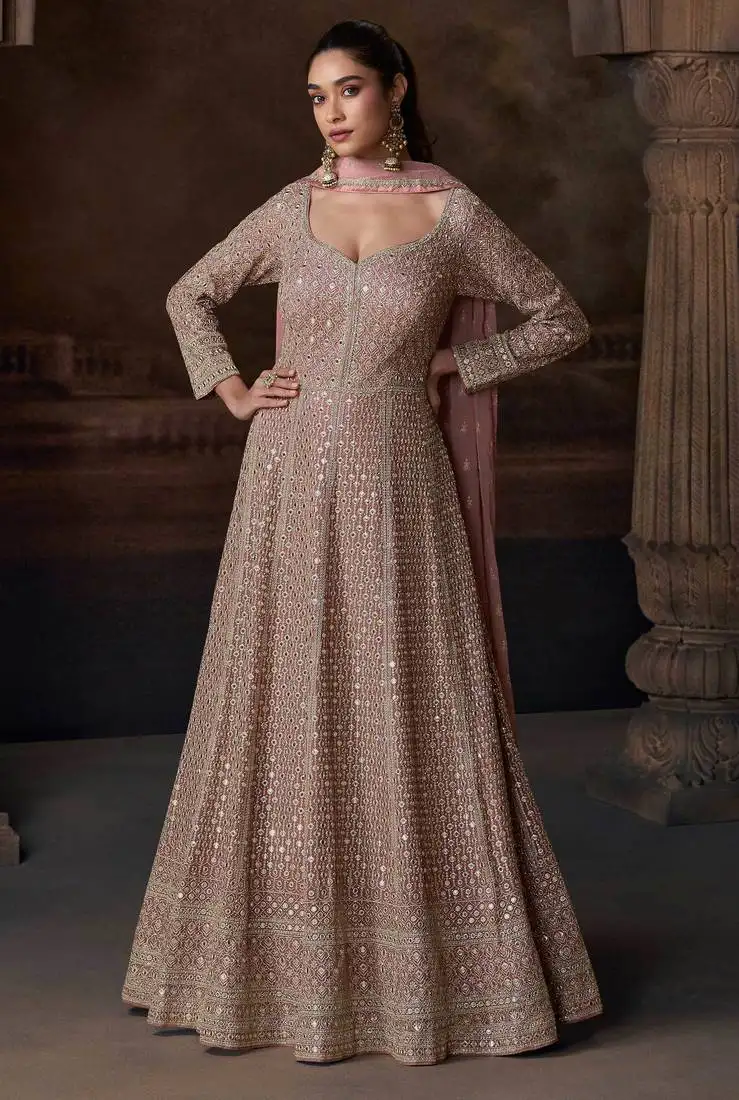 Mauve zari embroidery , sequins & gota work chinon silk gown - free size stitching (size upto 42") stitched