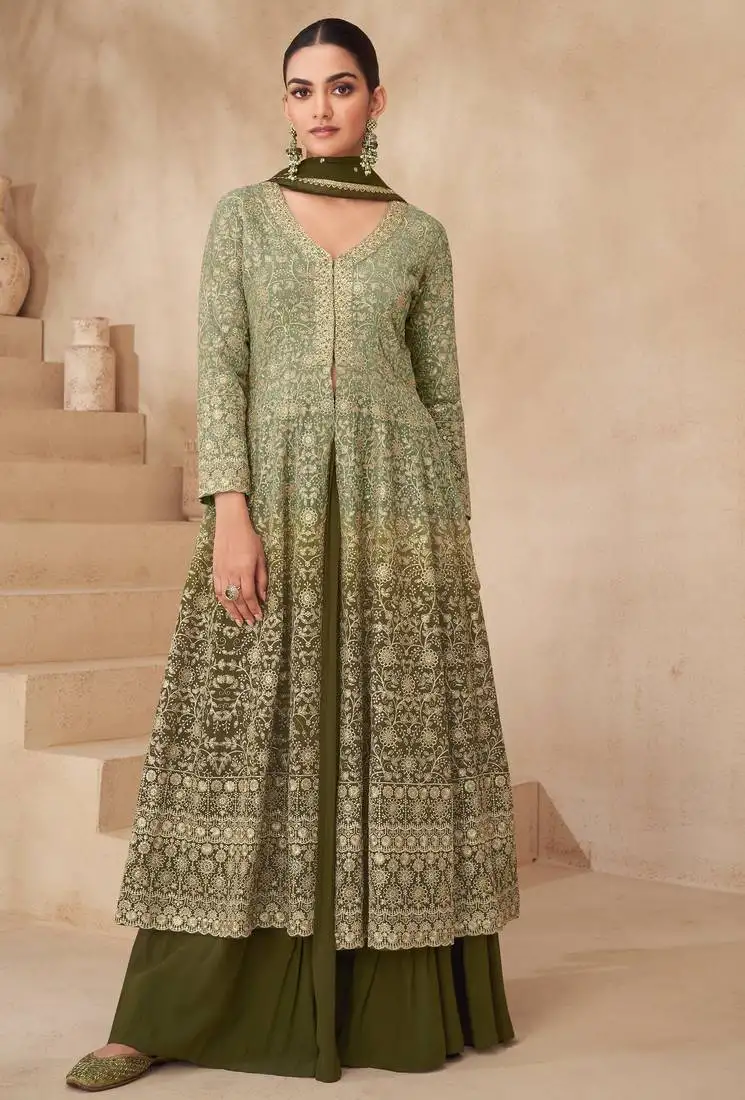 Olive green embroidery & sequins work georgette anarkali - free size stitching (size upto 42") stitched