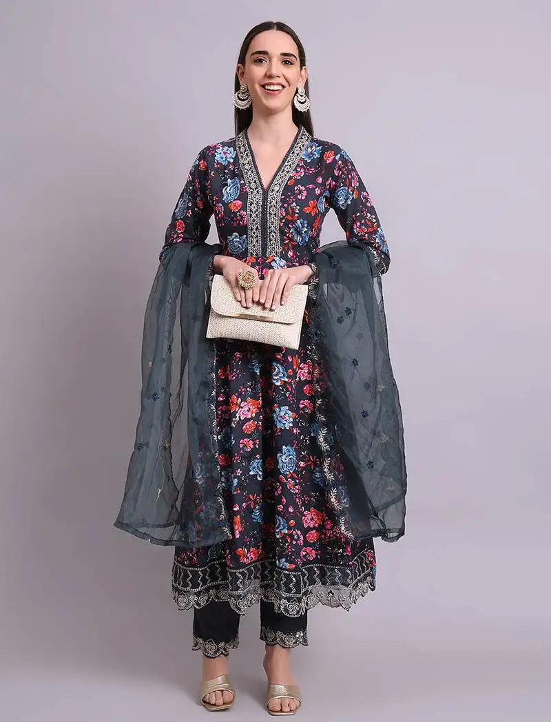 Black cotton floral printed & embroidery work anarkali kurta with trousers & dupatta set