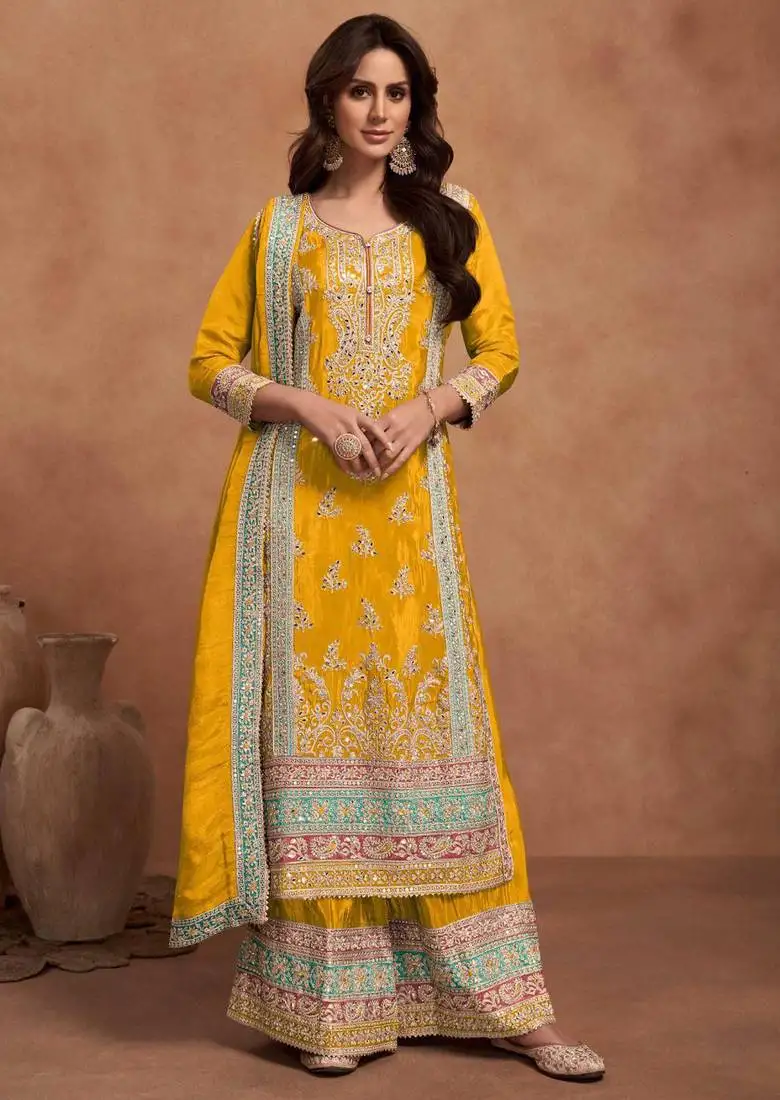 Mustard embroidery & sequins work simar silk palazzo straight - free size stitching (size upto 42") stitched
