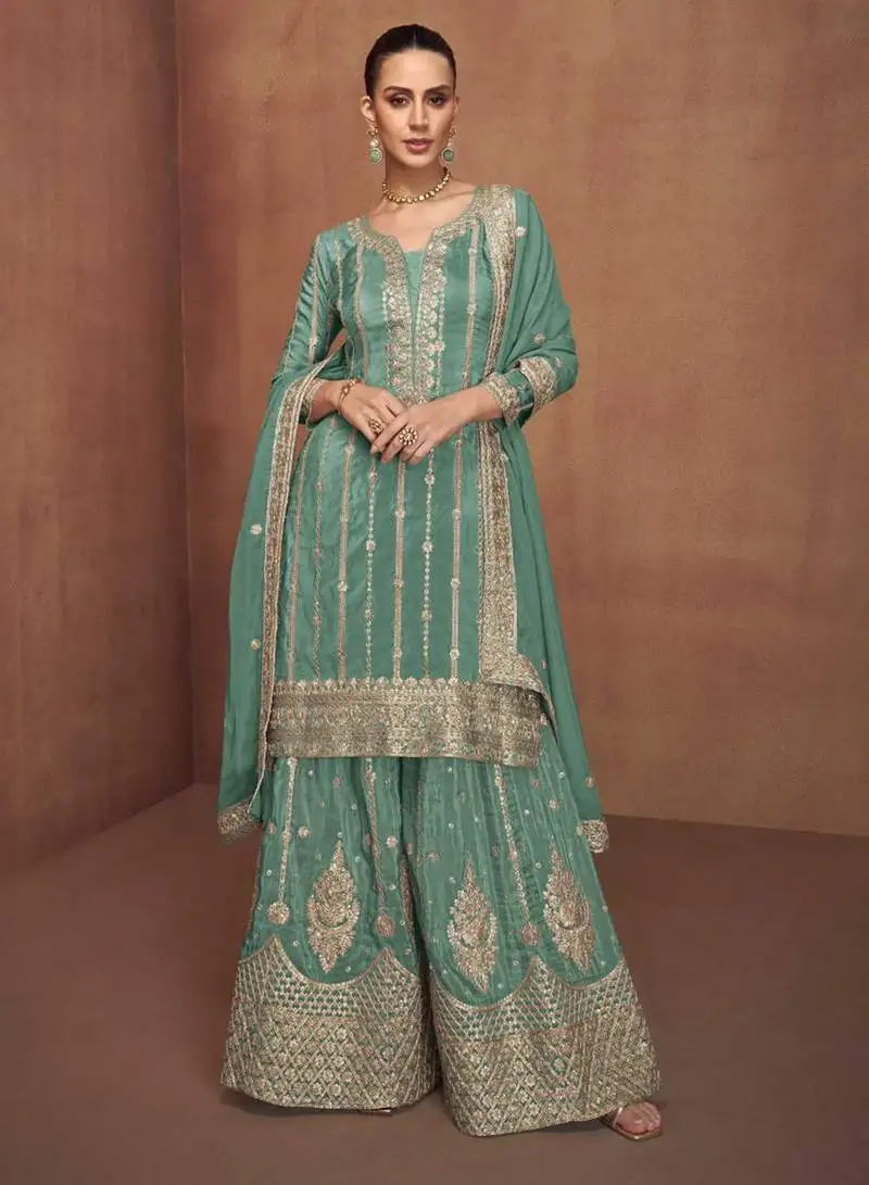 Sea green embroidery & sequins work simar silk palazzo straight - free size stitching (size upto 42") stitched