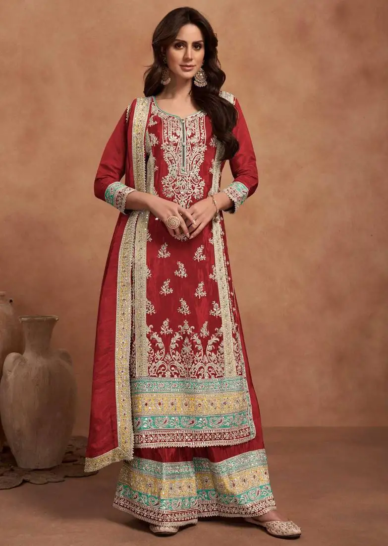 Maroon embroidery & sequins work simar silk palazzo straight - free size stitching (size upto 42") stitched