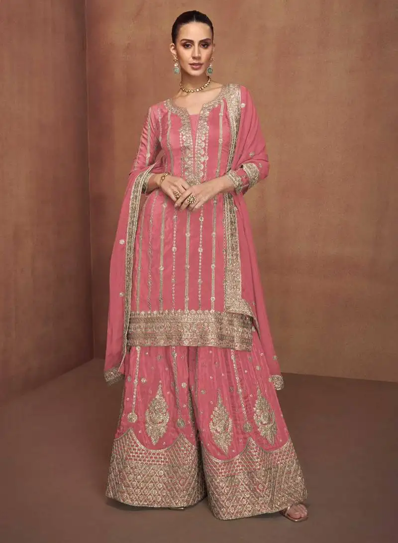 Pink embroidery & sequins work simar silk palazzo straight - free size stitching (size upto 42") stitched