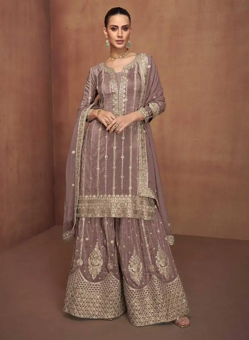 Mauve embroidery & sequins work simar silk palazzo straight - free size stitching (size upto 42") stitched