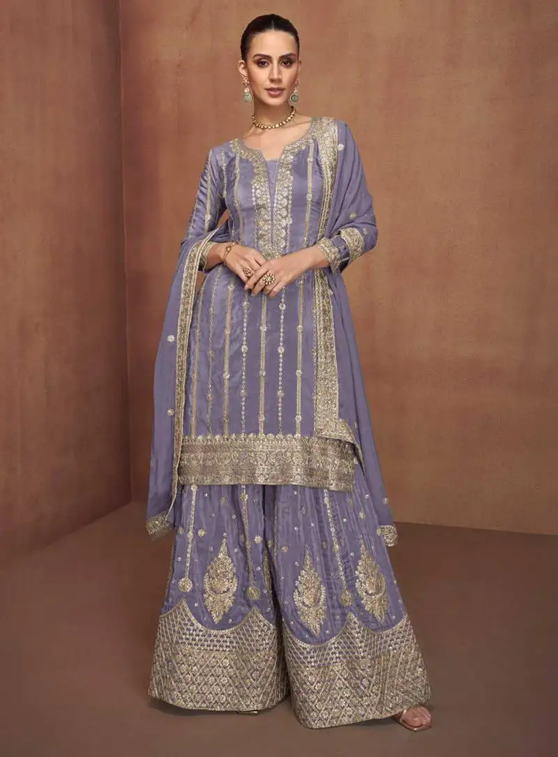 Lavender embroidery & sequins work simar silk palazzo straight - free size stitching (size upto 42") stitched