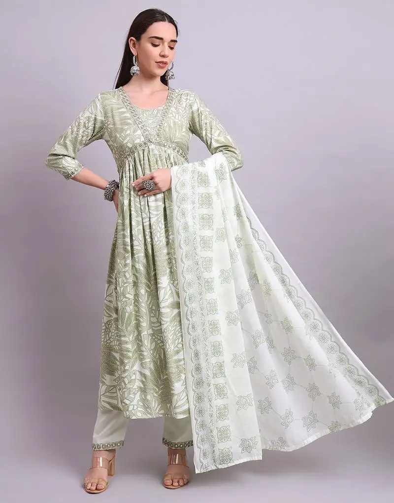 Light green cotton floral printed & embroidery work anarkali kurta with trousers & dupatta set