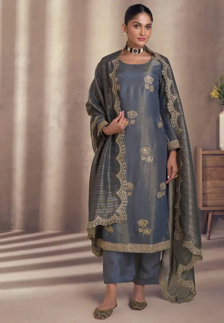 Blue & grey embroidery & sequins work simar silk straight pant - free size stitching (size upto 42") stitched
