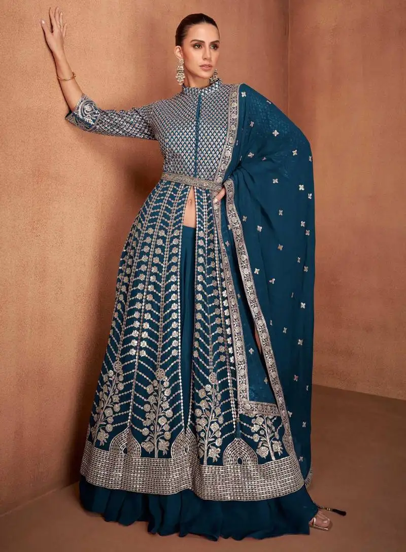 Teal embroidery & sequins work georgette anarkali pant - free size stitching (size upto 42") stitched