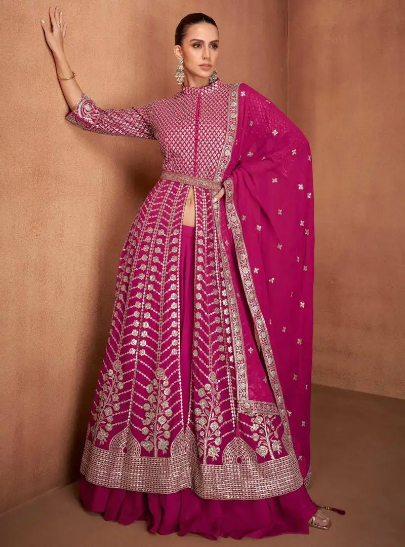 Pink embroidery & sequins work georgette anarkali pant - free size stitching (size upto 42") stitched