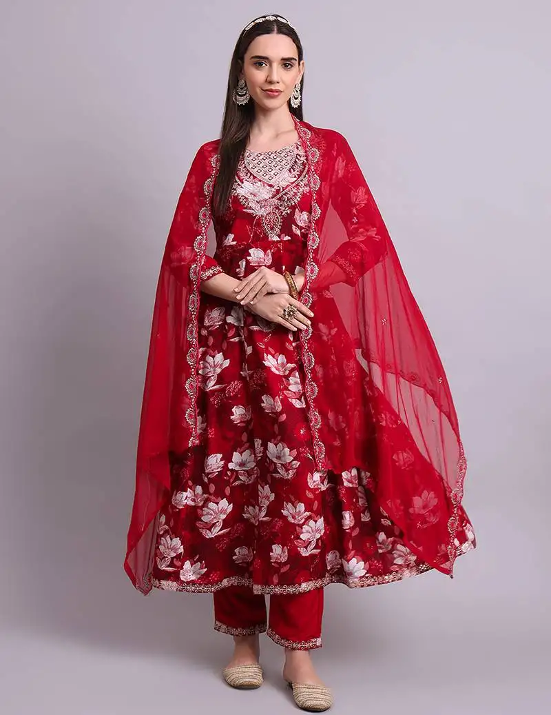 Maroon cotton floral printed & embroidery work anarkali kurta with trousers & dupatta set