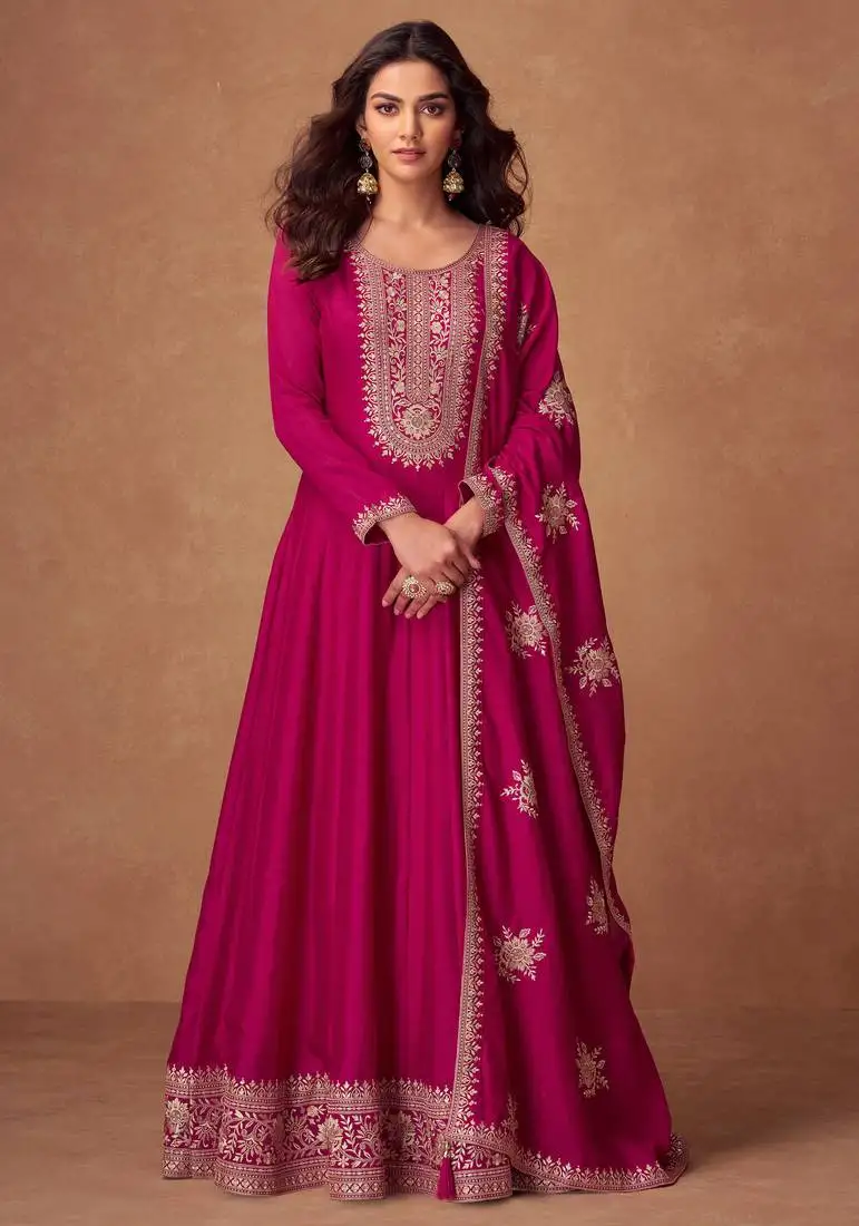 Pink embroidery & sequins work silk gown - free size stitching (size upto 42") stitched