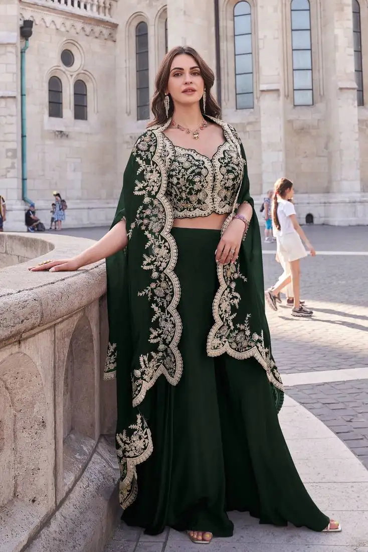 Black embroidery & sequins work silk blouse palazzo - free size stitching (size upto 42") stitched